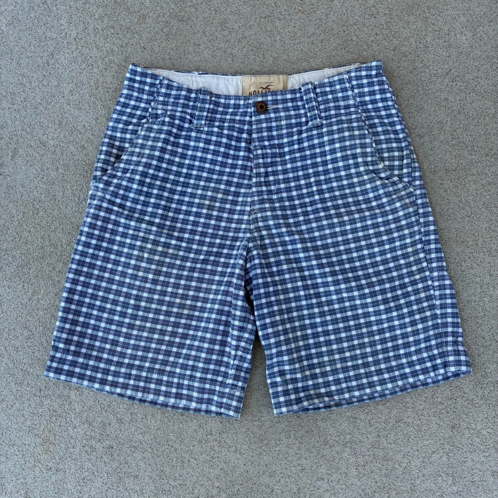 Hollister Gingham Mens 28 Shorts - Blue-White Plaid Button Fly